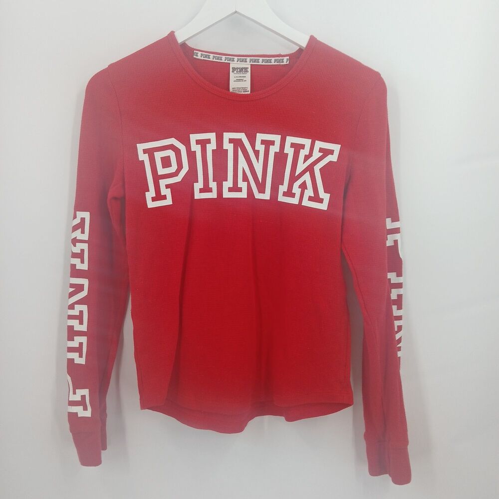 PINK Victoria's Secret Graphic Long Sleeve Tee Womens L Red Waffle Knit Y2K